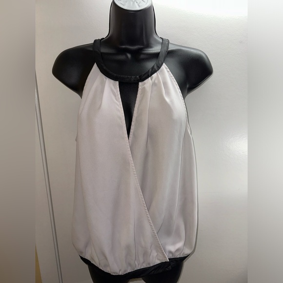 BEBE | Small Sleeveless Wrap Style Blouse with Keyhole Faux Leather Halter Neck - Picture 4 of 15